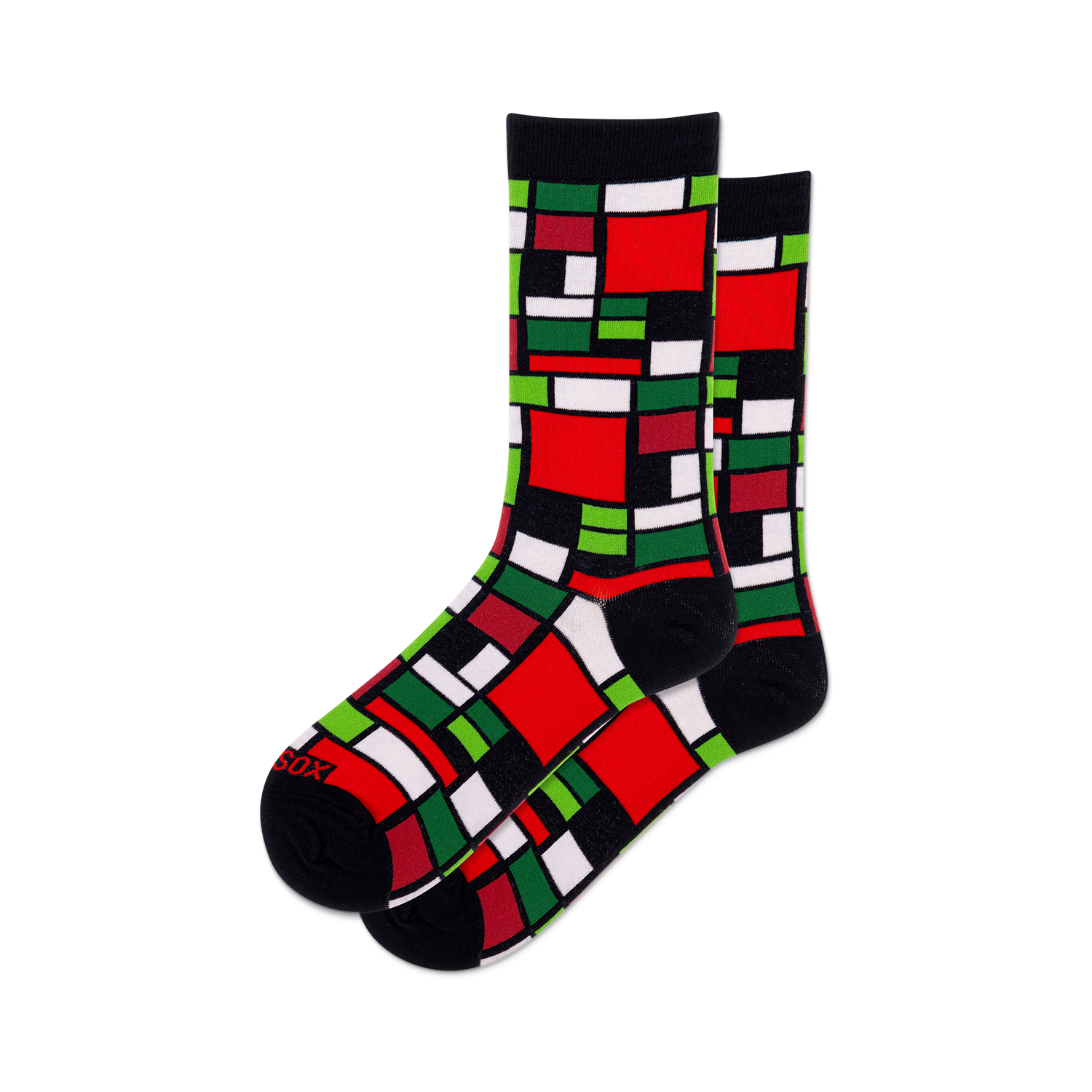 Pair of crew socks featuring a Mondrian-inspired geometric design in red, green, black, and white squares.