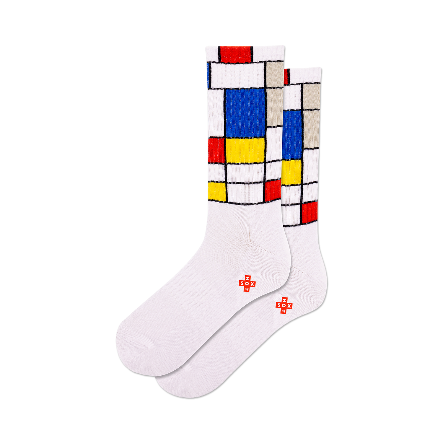 Pair of white crew socks with a colorful Mondrian-inspired geometric design. Red, yellow, and blue squares on a white background.