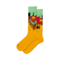 Pair of yellow crew socks depicting Van Gogh's 'Night Café'. Features a billiard table, players, and the artist's signature impasto style.
