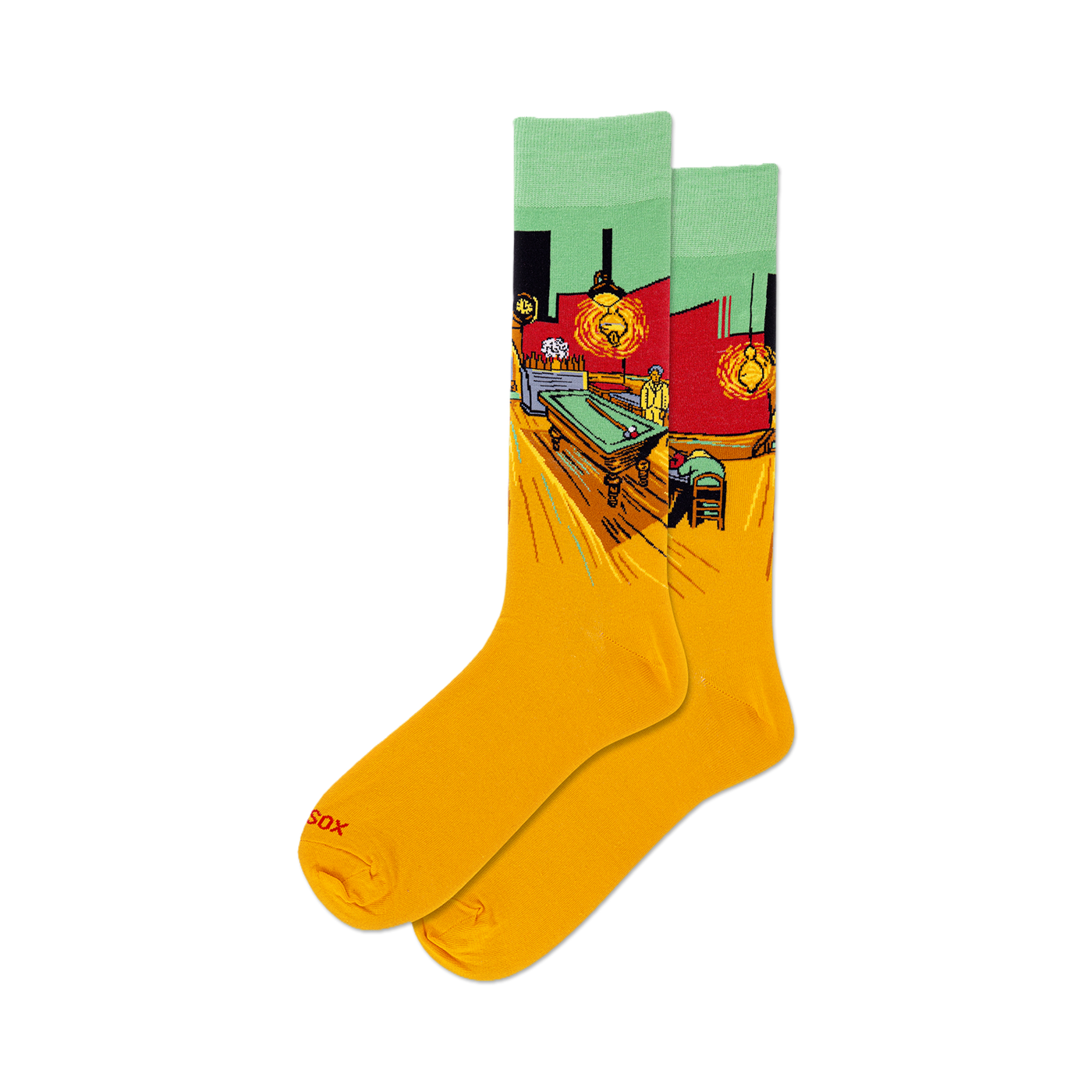 Pair of yellow crew socks depicting Van Gogh's 'Night Café'. Features a billiard table, players, and the artist's signature impasto style.