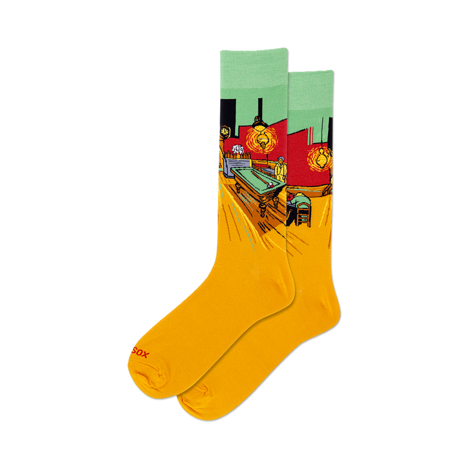 Pair of yellow crew socks depicting Van Gogh's 'Night Café'. Features a billiard table, players, and the artist's signature impasto style.