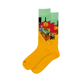 front view of a pair of yellow socks with a print of van gogh's night cafe scene.