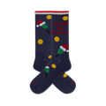 Pair of dark blue crew socks with a Christmas theme. Design includes yellow smiley faces, green and red popsicles wearing Santa hats, and the phrase 'Eat, Drink & Be Merry'.
