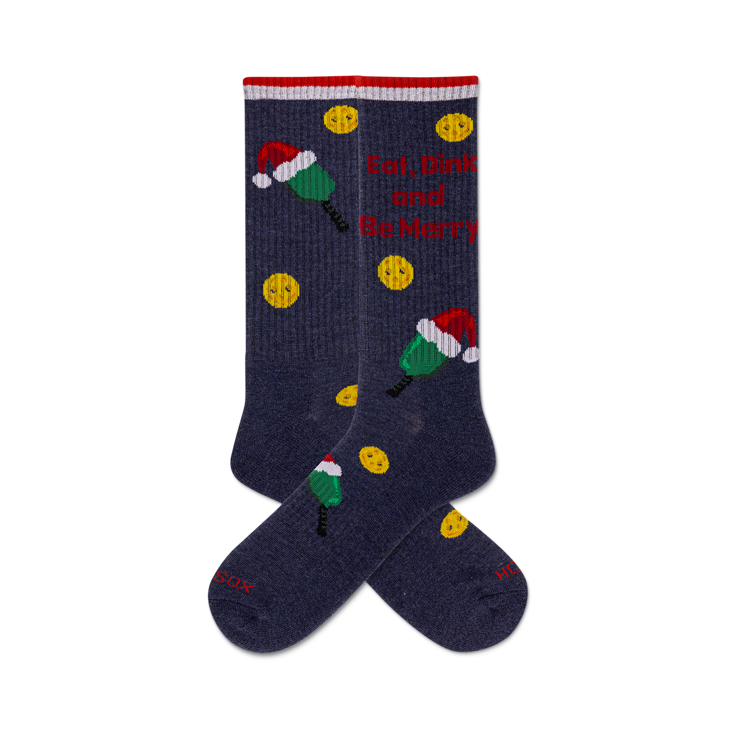 Pair of dark blue crew socks with a Christmas theme. Design includes yellow smiley faces, green and red popsicles wearing Santa hats, and the phrase 'Eat, Drink & Be Merry'.