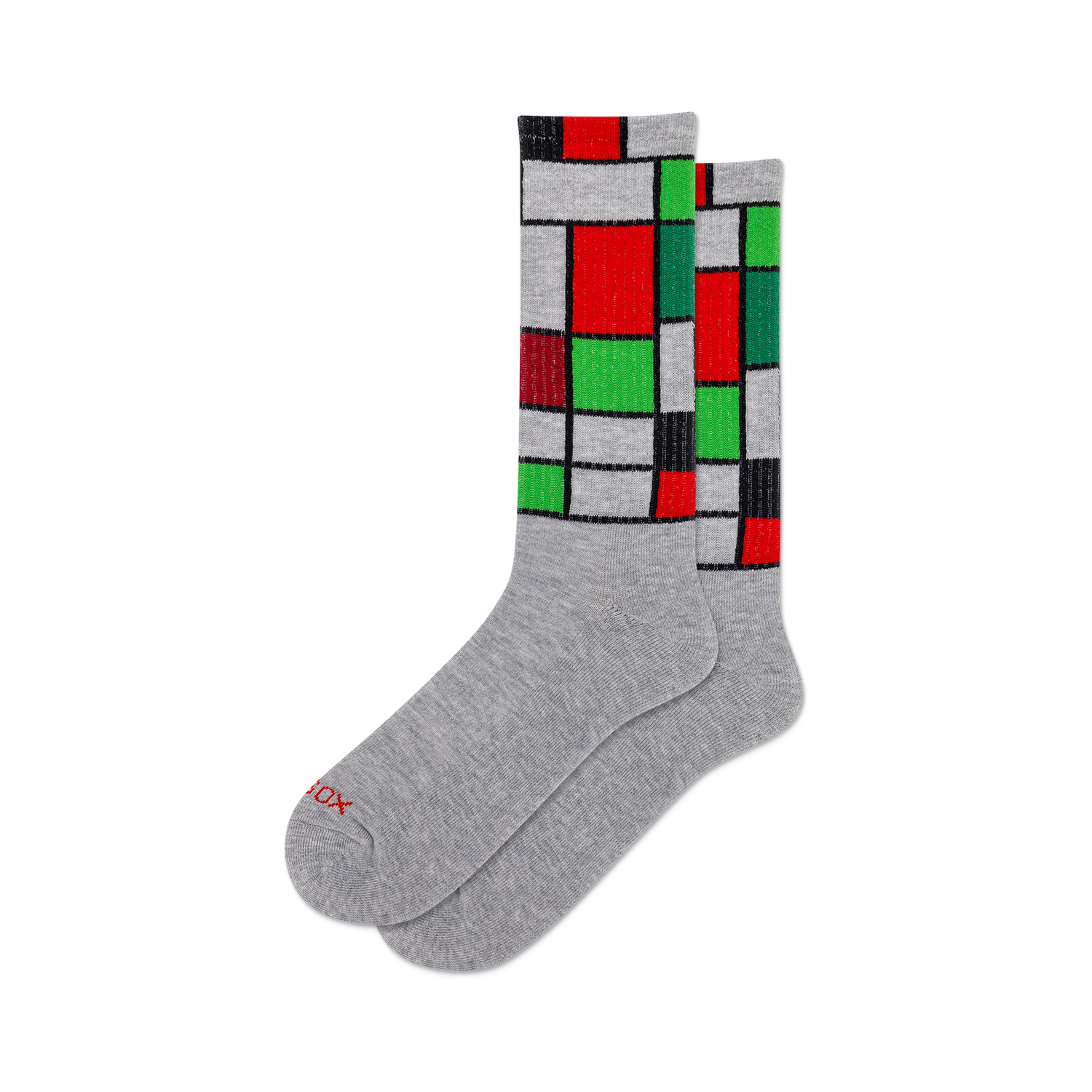 Pair of gray crew socks with a Mondrian-inspired geometric design in red, green, and black on gray background.