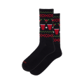 Pair of black crew socks with a red, green, and white beer pong pattern.  Features red solo cups and ping pong balls.