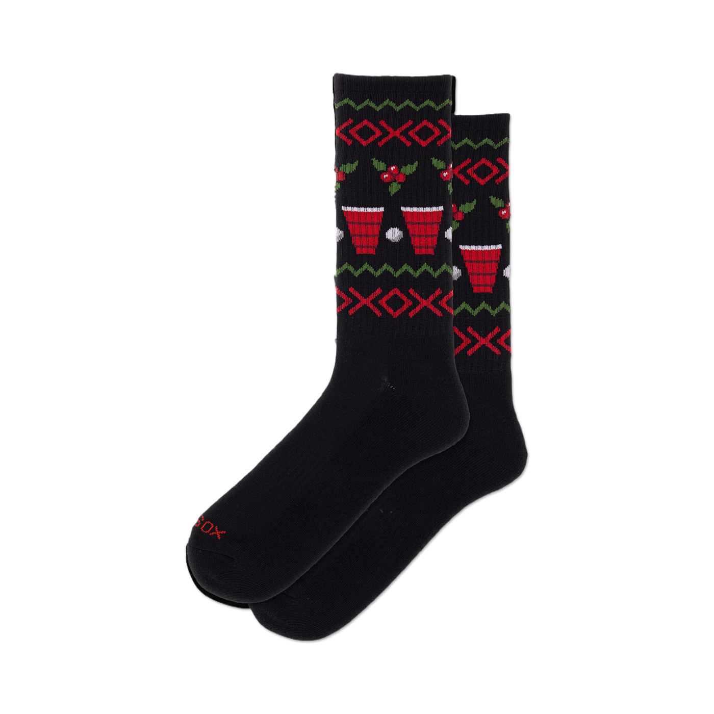 Pair of black crew socks with a red, green, and white beer pong pattern.  Features red solo cups and ping pong balls.