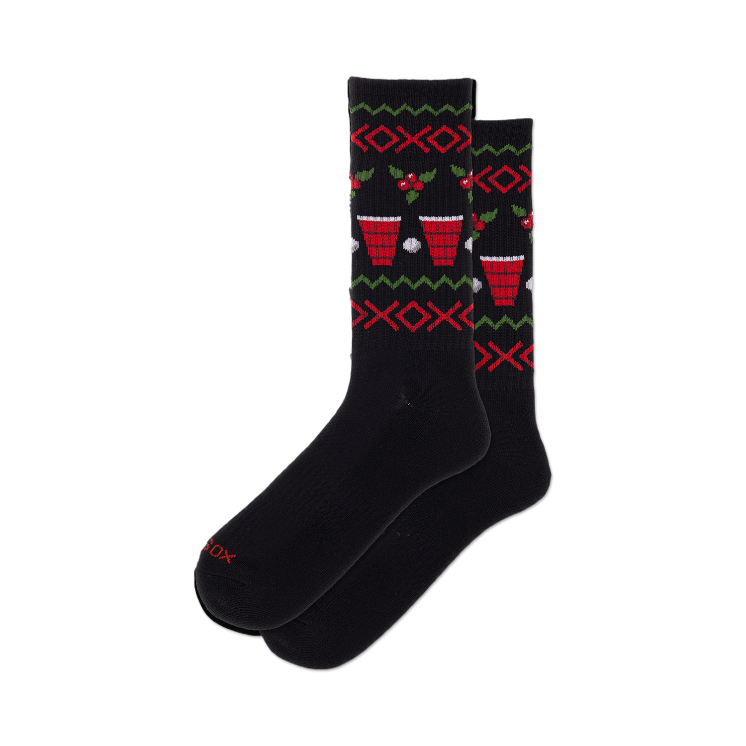Pair of black crew socks with a red, green, and white beer pong pattern.  Features red solo cups and ping pong balls.