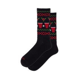 front view of a pair of black socks with a red, green and white beer pong pattern.