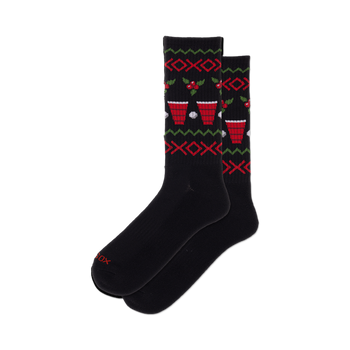 front view of a pair of black socks with a red, green and white beer pong pattern.