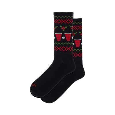 front view of a pair of black socks with a red, green and white beer pong pattern.