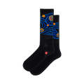 Pair of black crew socks with a blue, yellow, and orange Van Gogh 'Starry Night' inspired design.