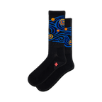 Pair of black crew socks with a blue, yellow, and orange Van Gogh 'Starry Night' inspired design.