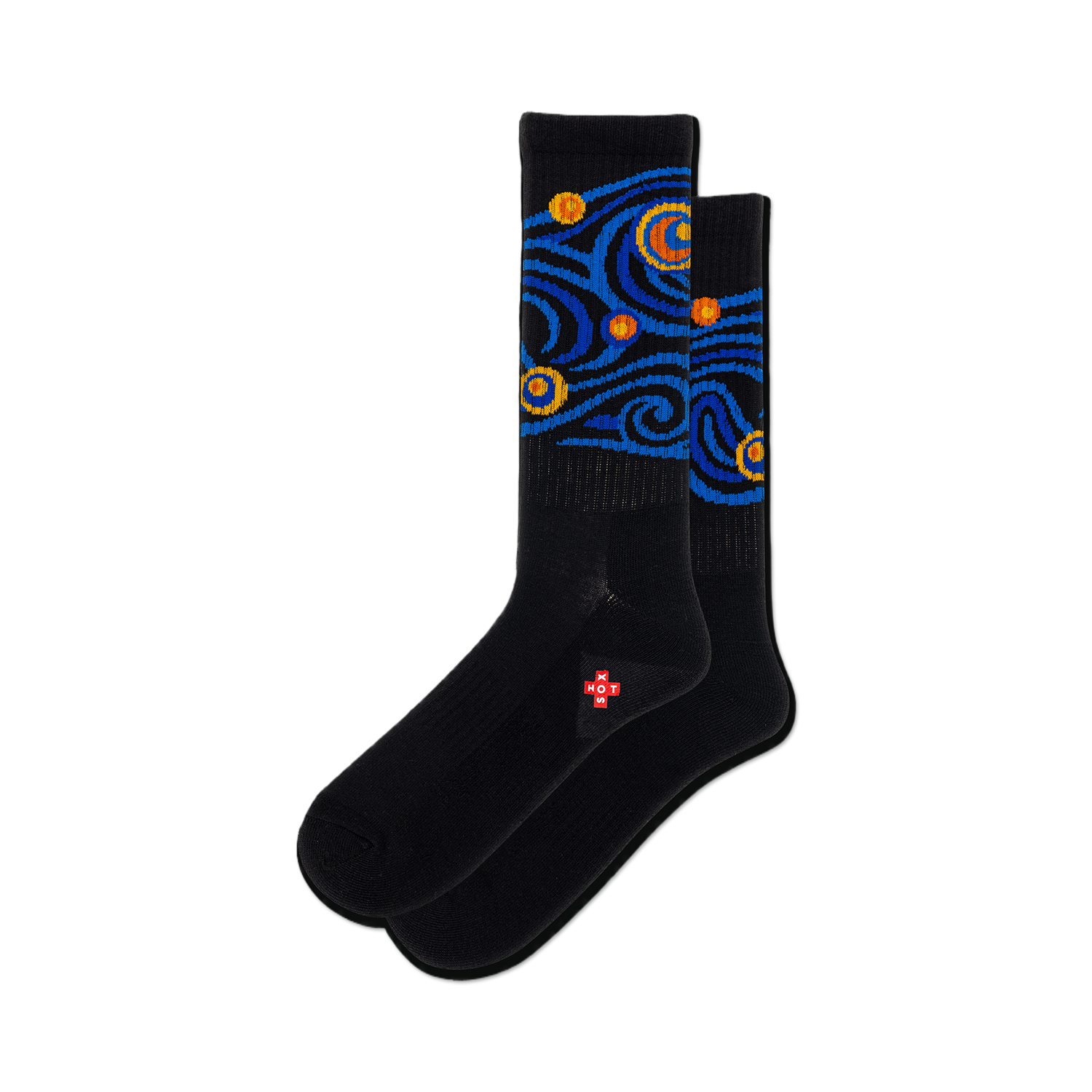 Pair of black crew socks with a blue, yellow, and orange Van Gogh 'Starry Night' inspired design.