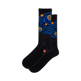 front view of two black socks featuring a blue and yellow starry night design.