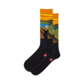 Pair of black crew socks with The Scream artwork on the upper part. The artwork features orange, yellow, blue, and green colors.