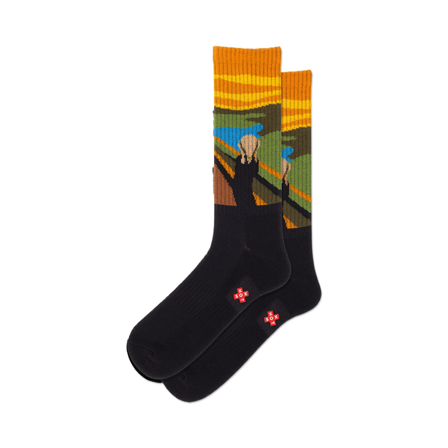 Pair of black crew socks with The Scream artwork on the upper part. The artwork features orange, yellow, blue, and green colors.