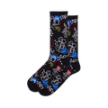 Pair of black crew socks with a whimsical design featuring abstract faces, floral elements, geometric shapes, and pops of blue and green.