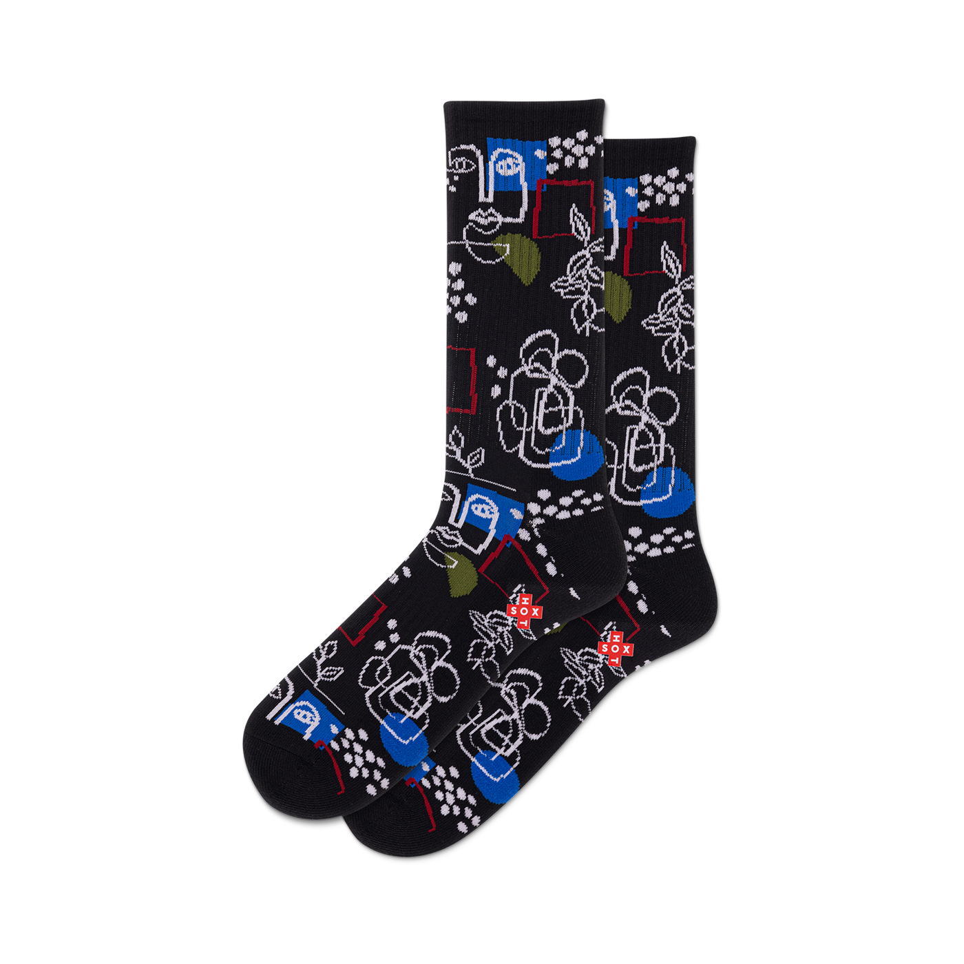 Pair of black crew socks with a whimsical design featuring abstract faces, floral elements, geometric shapes, and pops of blue and green.