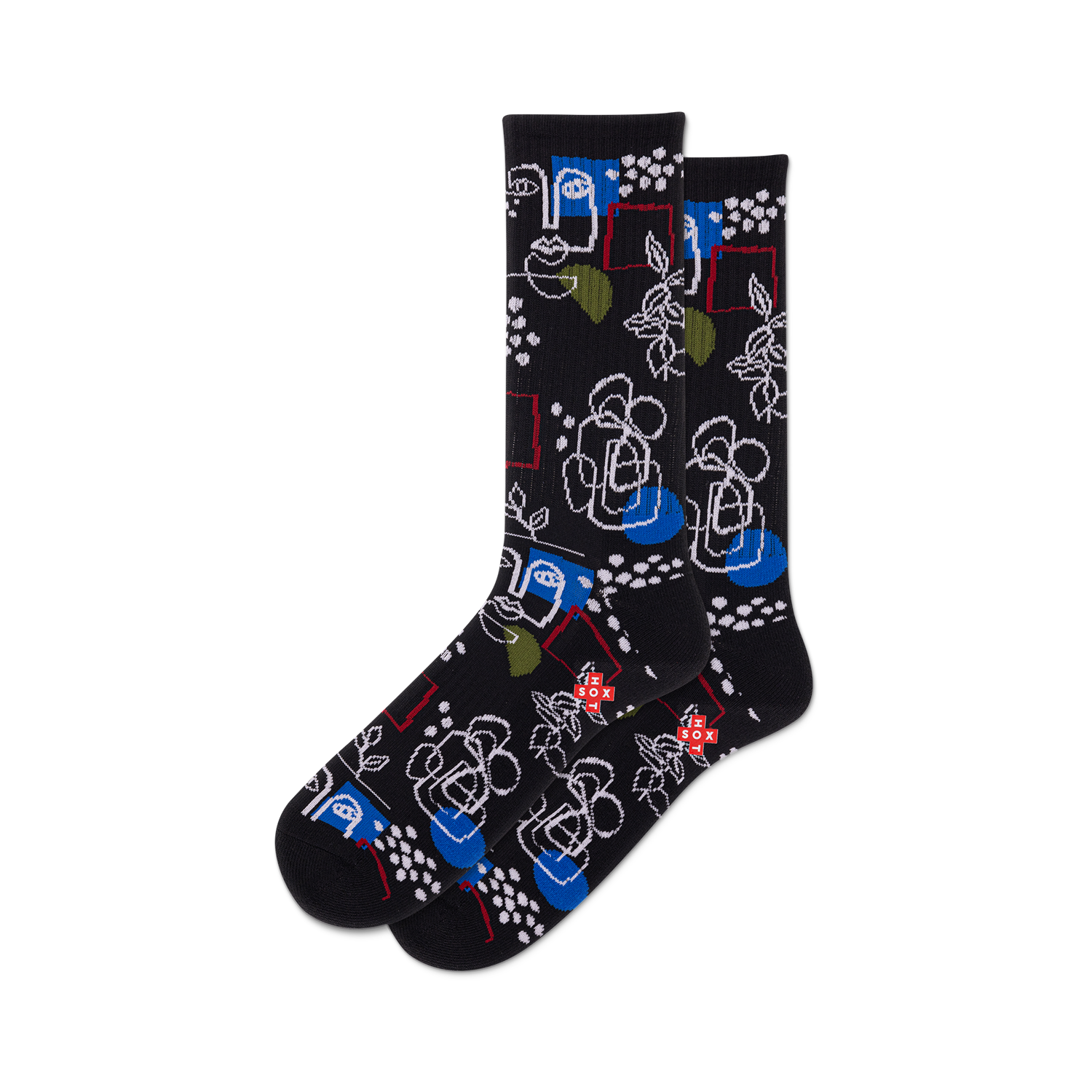 Pair of black crew socks with a whimsical design featuring abstract faces, floral elements, geometric shapes, and pops of blue and green.