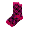 Pair of pink fuzzy socks with a diagonal black, blue, and red plaid pattern. Feathery soft boot socks.