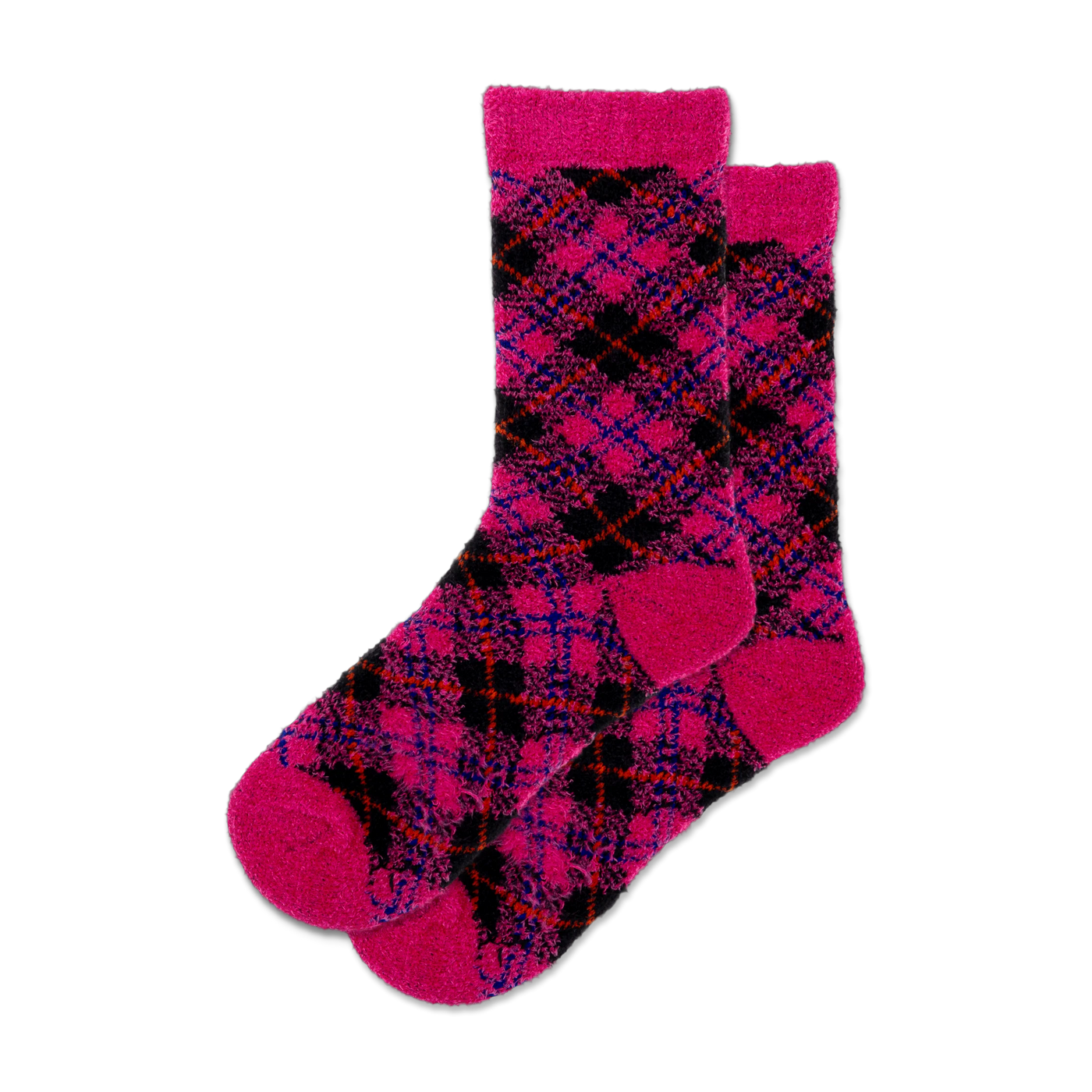 Pair of pink fuzzy socks with a diagonal black, blue, and red plaid pattern. Feathery soft boot socks.