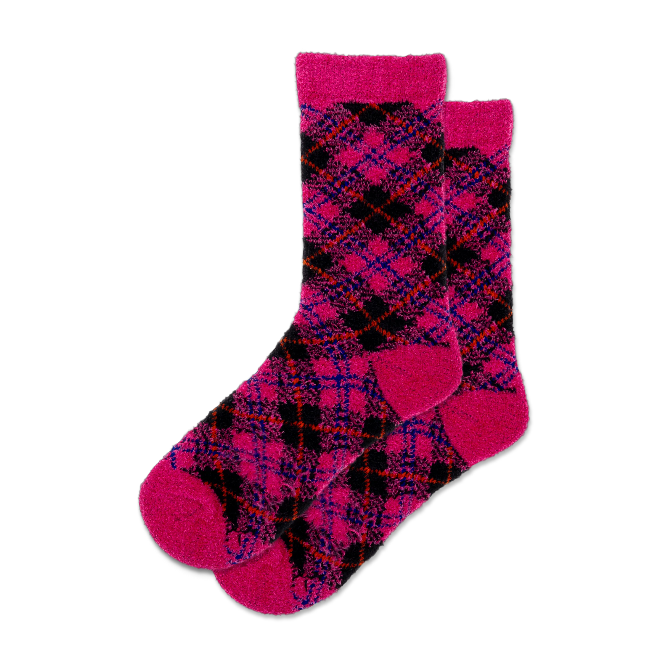 Pair of pink fuzzy socks with a diagonal black, blue, and red plaid pattern. Feathery soft boot socks.