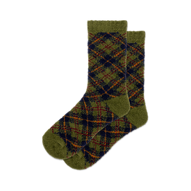 front view of a pair of green, orange, and blue plaid boot socks.