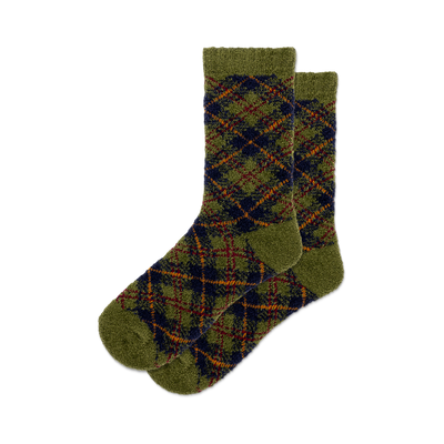 front view of a pair of green, orange, and blue plaid boot socks.