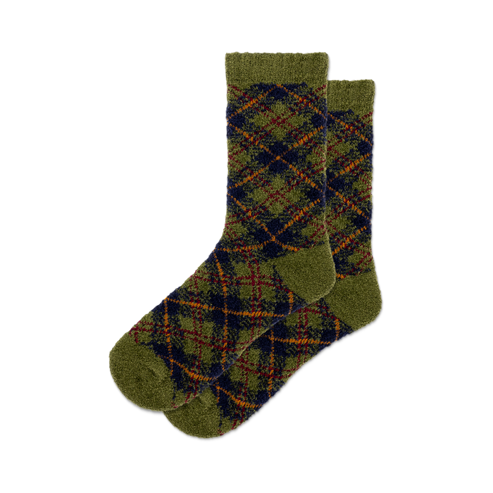 front view of a pair of green, orange, and blue plaid boot socks. }}