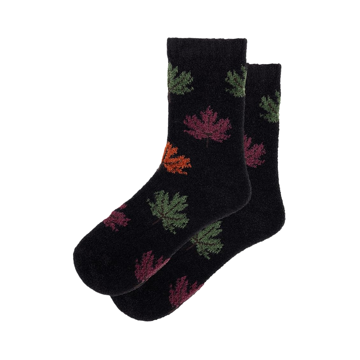 Pair of black fuzzy socks with colorful autumn leaf pattern. Crew-length socks in dark and muted colors.