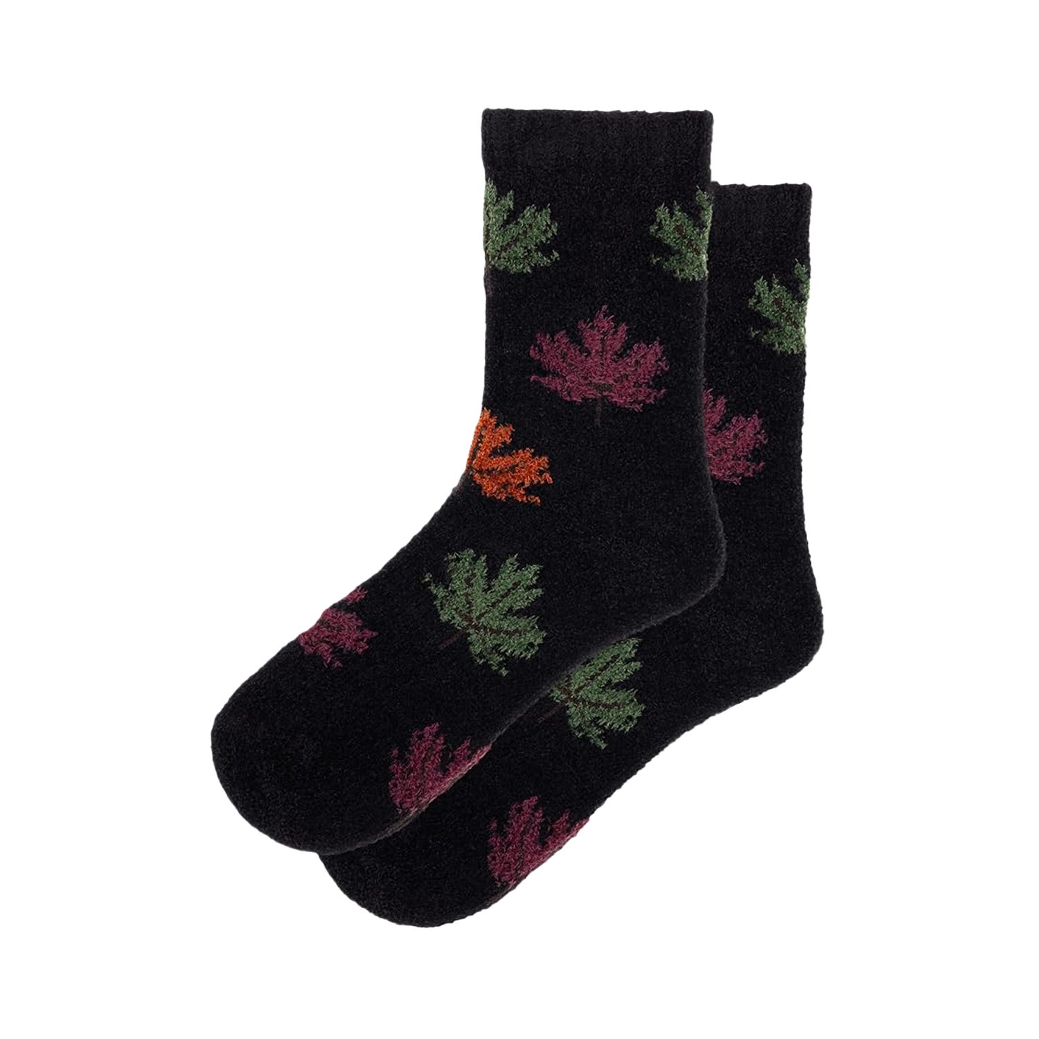 Pair of black fuzzy socks with colorful autumn leaf pattern. Crew-length socks in dark and muted colors.