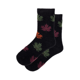 front view of black socks with colorful leaf design.