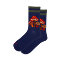 Pair of navy blue crew socks with a whimsical mushroom design. Features orange and brown mushrooms and olive green stripes near the cuff.