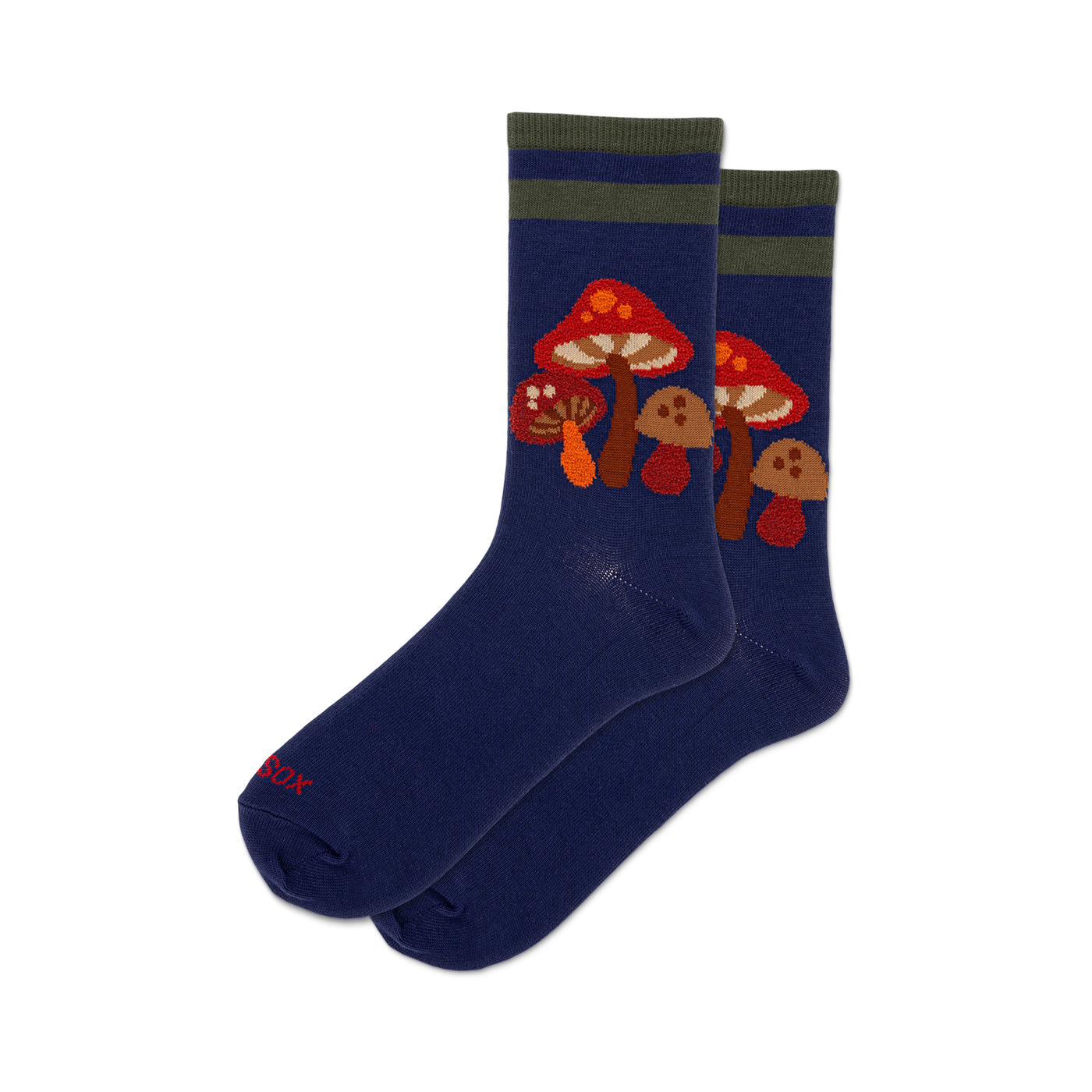 Pair of navy blue crew socks with a whimsical mushroom design. Features orange and brown mushrooms and olive green stripes near the cuff.