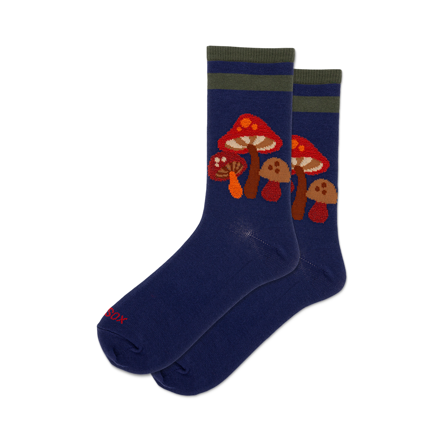 Pair of navy blue crew socks with a whimsical mushroom design. Features orange and brown mushrooms and olive green stripes near the cuff.
