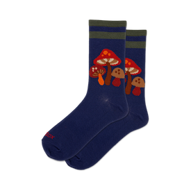 fuzzy mushroom socks with blue background and colorful mushrooms, front view of socks.