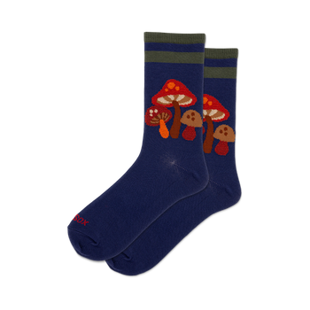 fuzzy mushroom socks with blue background and colorful mushrooms, front view of socks.