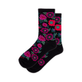 Pair of black crew socks with a colorful floral pattern featuring pinks, purples, and reds.