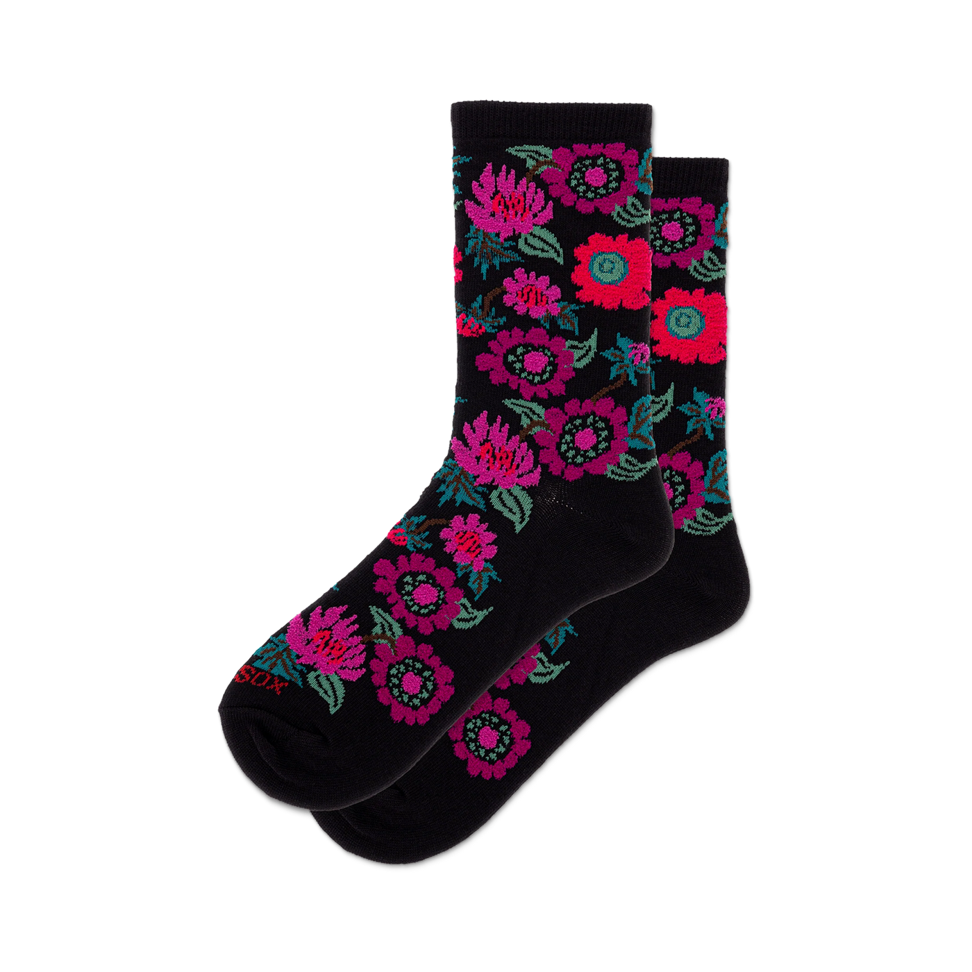 Pair of black crew socks with a colorful floral pattern featuring pinks, purples, and reds.