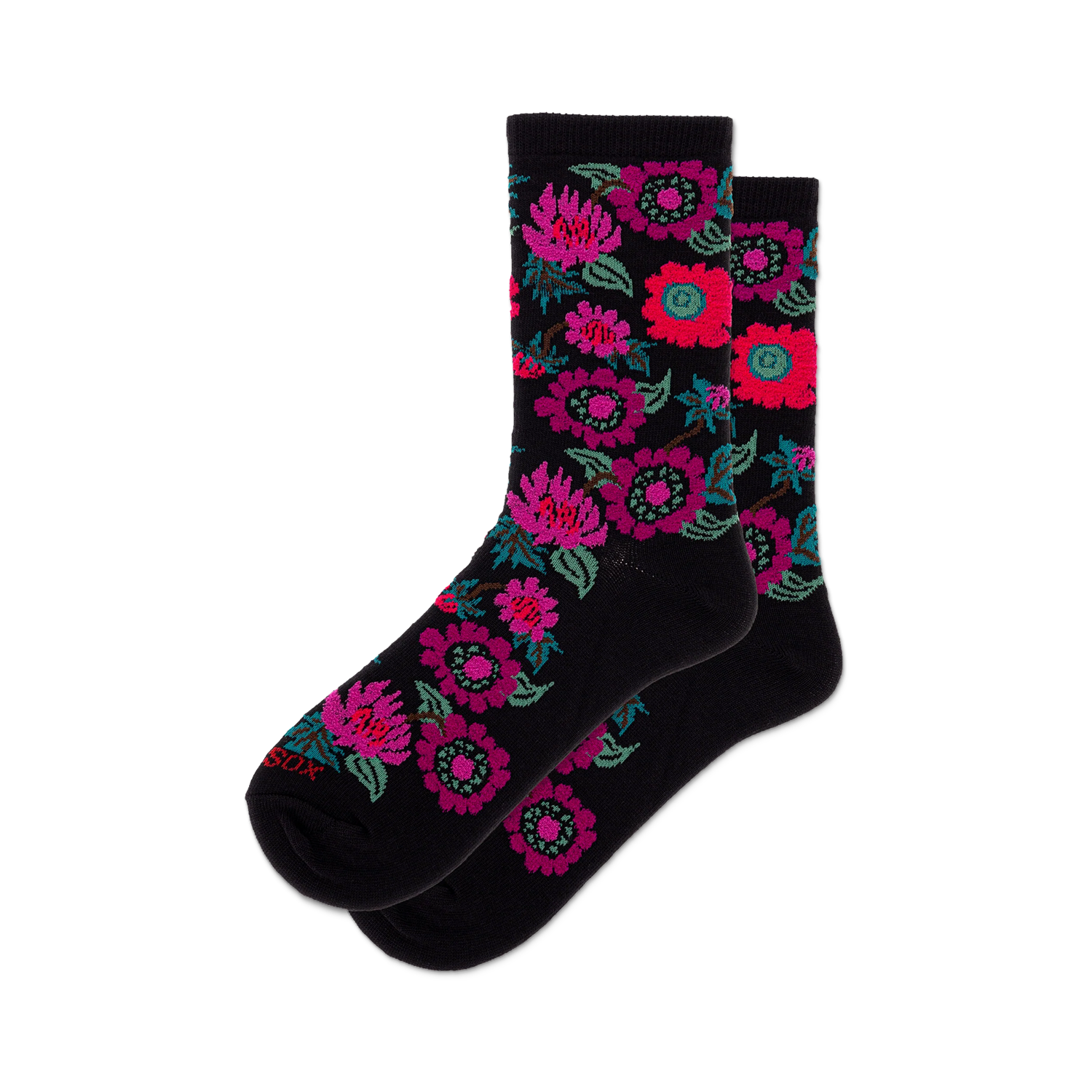Pair of black crew socks with a colorful floral pattern featuring pinks, purples, and reds.