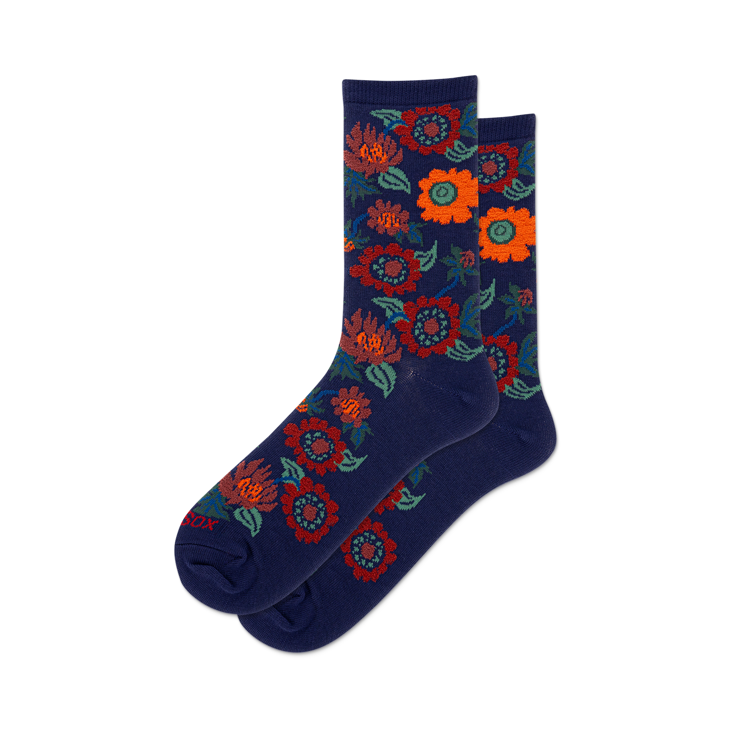 Lifestyle shot of Fuzzy Flowers socks on a person's feet, showcasing the socks' fit and color in a casual setting.
