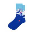 Light and dark blue crew socks showing a large Japanese-style crashing wave with a tiny surfer on a bright pink surfboard.