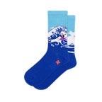 Light and dark blue crew socks showing a large Japanese-style crashing wave with a tiny surfer on a bright pink surfboard.