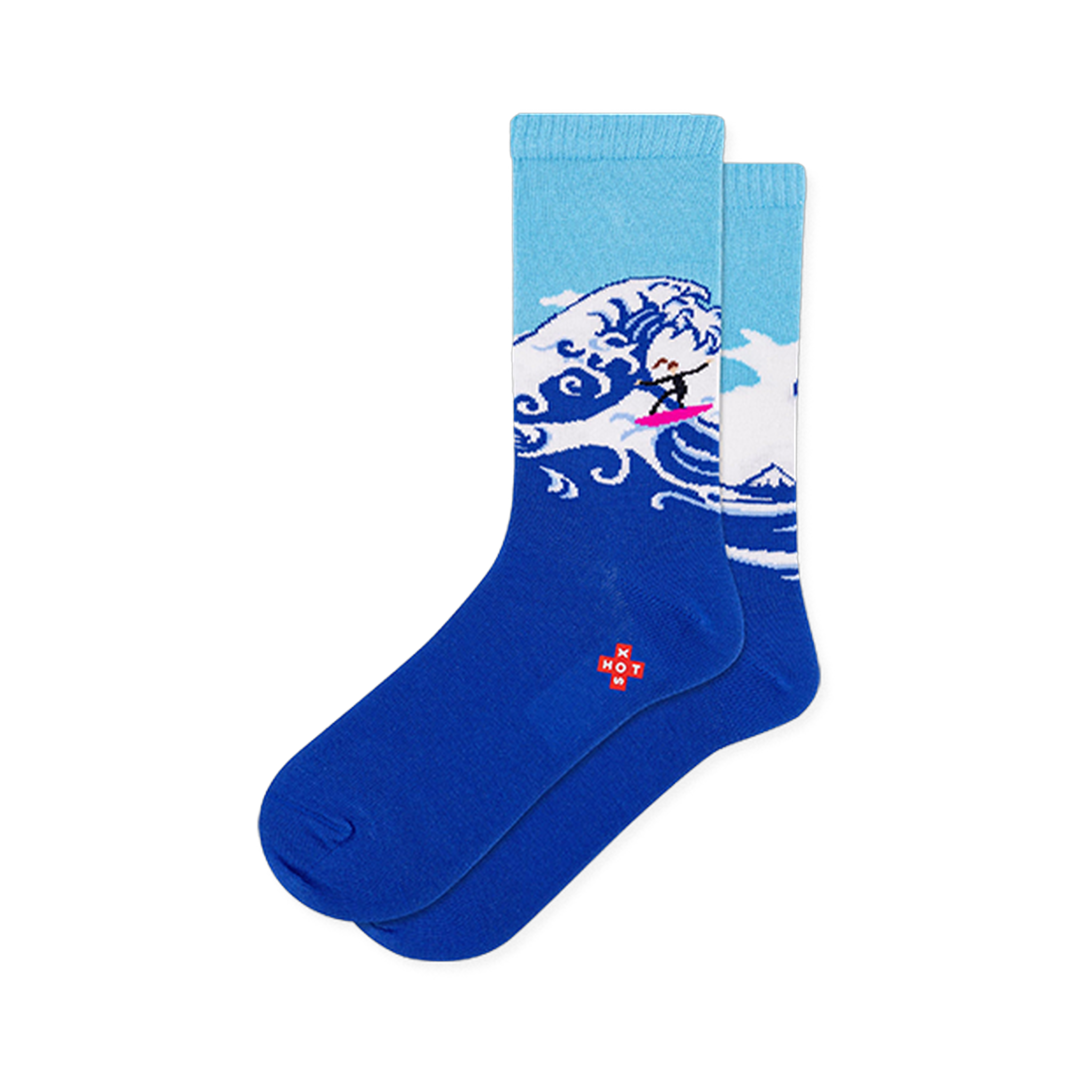 Light and dark blue crew socks showing a large Japanese-style crashing wave with a tiny surfer on a bright pink surfboard.