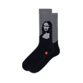 Heather grey and black crew socks featuring a dark graphic portrait of the Mona Lisa on the side of the leg.