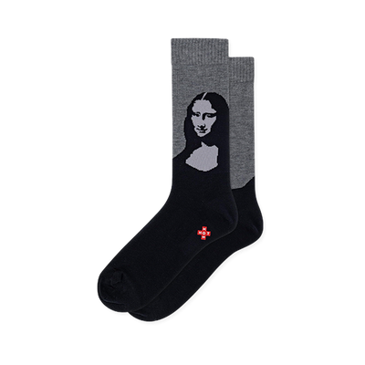 Heather grey and black crew socks featuring a dark graphic portrait of the Mona Lisa on the side of the leg.