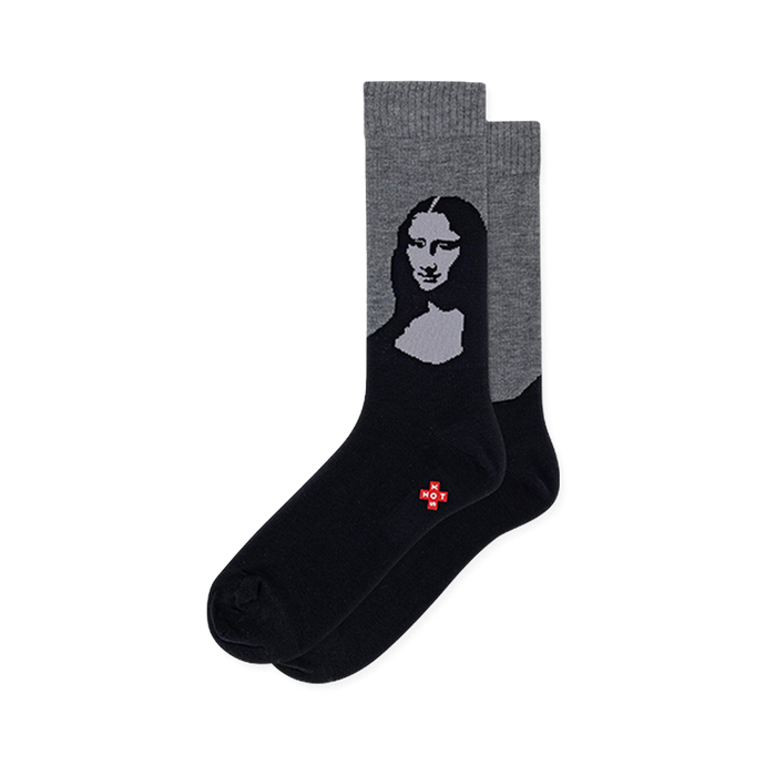 Heather grey and black crew socks featuring a dark graphic portrait of the Mona Lisa on the side of the leg. }}