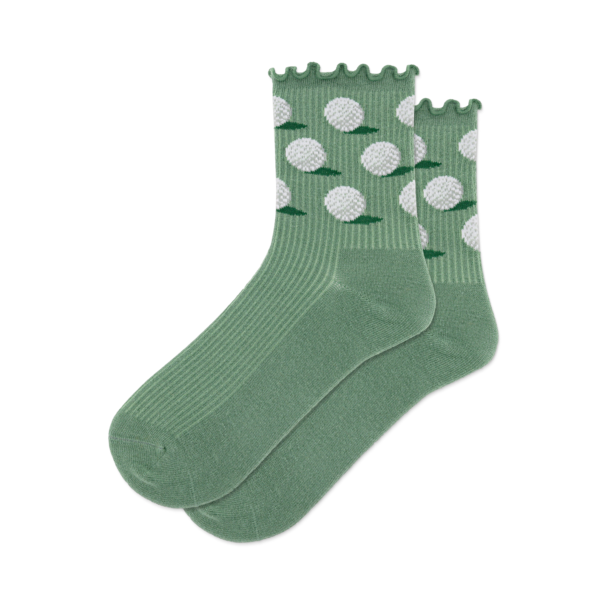 A pair of sage green crew socks with white dimpled golf balls and small green grass patches on the ankle, ribbed lower.