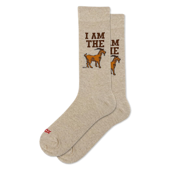 Light beige crew socks with "I AM THE GOAT" text. Each sock shows part of the phrase and a brown goat graphic.